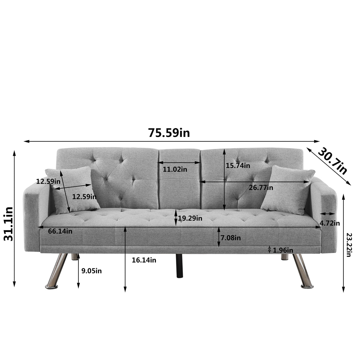 76 Inch Linen Convertible Futon Sofa Bed with Cup Holders Grey N319