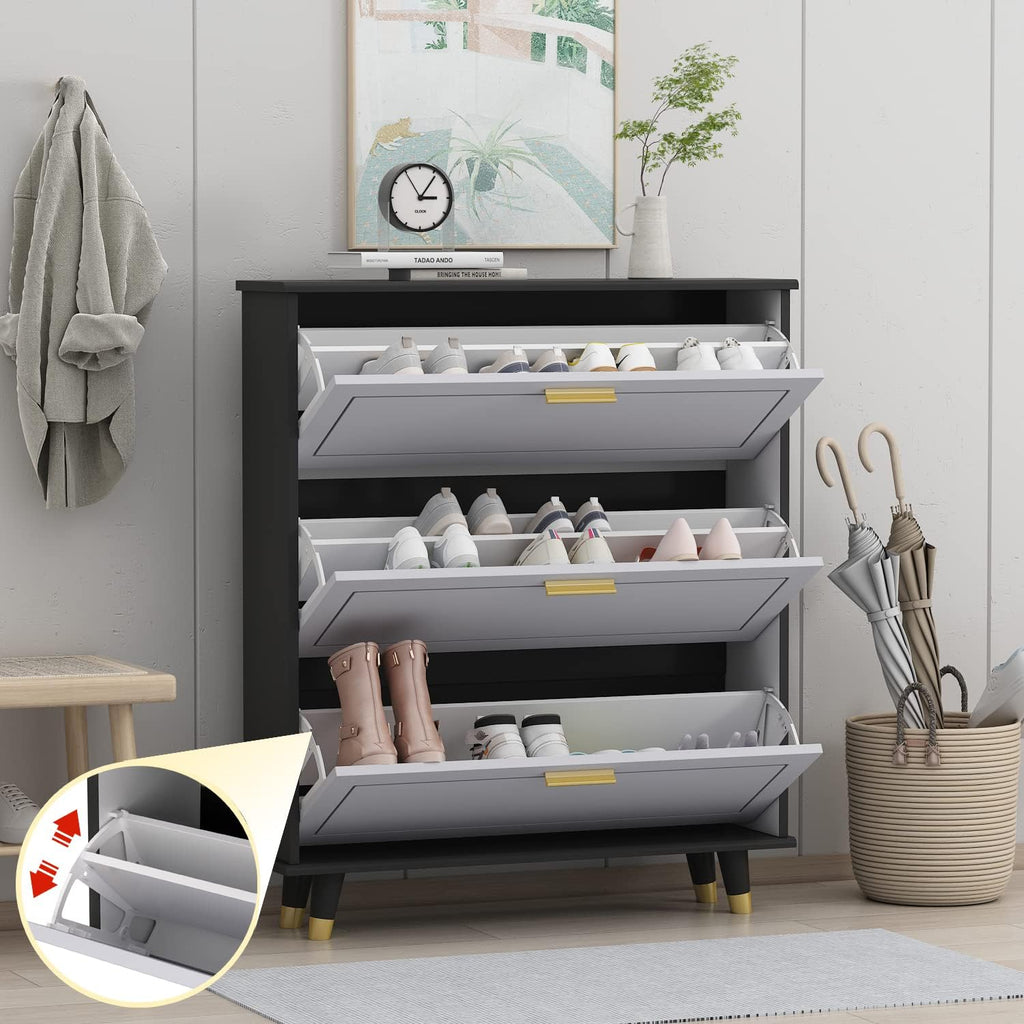 Black and White 3 Drawer Wood Shoe Storage Cabinet I96611