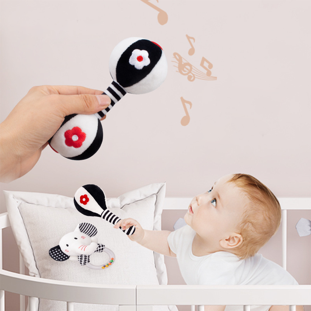 3Pcs Black & White Baby Rattles Set Plush Rattle Toy S4825
