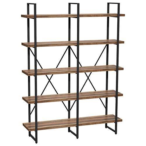 Double Wide 5-Tier Open Bookcase Wood and Metal Shelves A64832