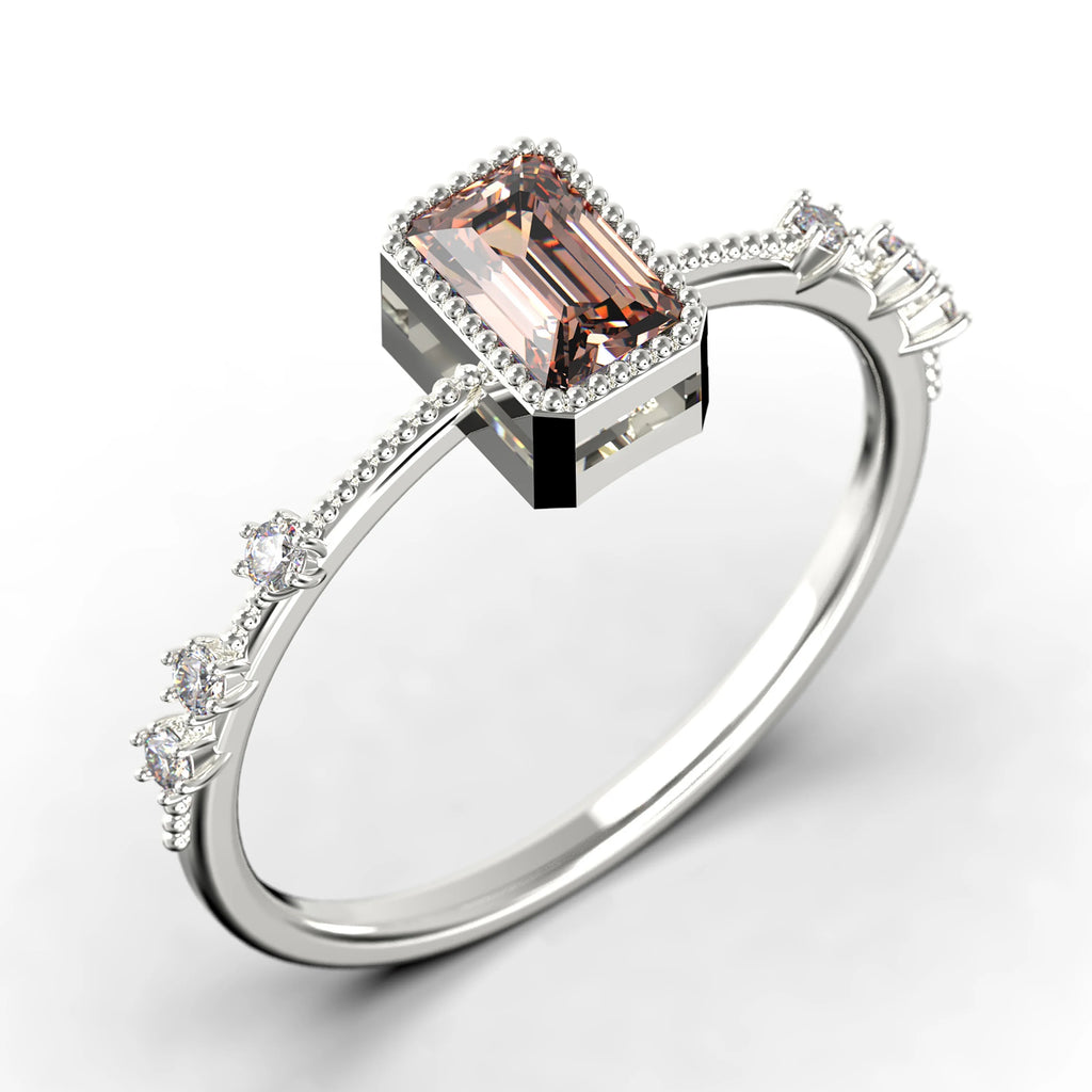 1.25 Carat Emerald Cut Morganite And Diamond Moissanite Thin Engagement Ring in 925 Sterling Silver With 18k White Gold Plating D85379