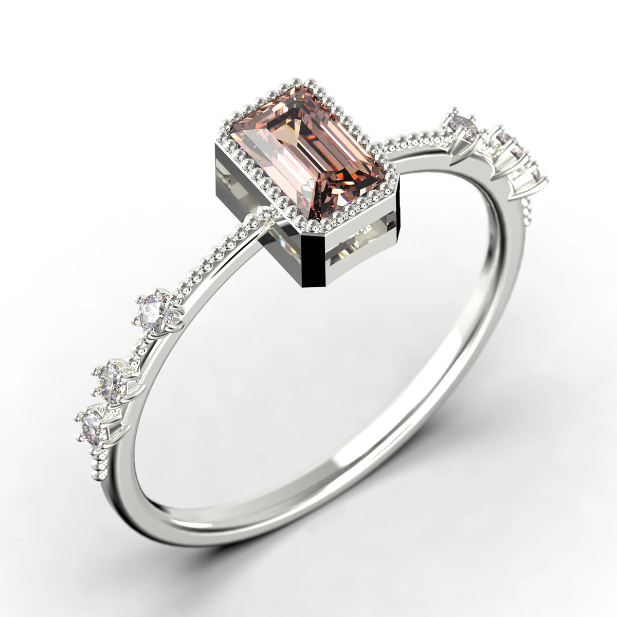 1.25 Carat Emerald Cut Morganite And Diamond Moissanite Thin Engagement Ring in 925 Sterling Silver With 18k White Gold Plating D85379