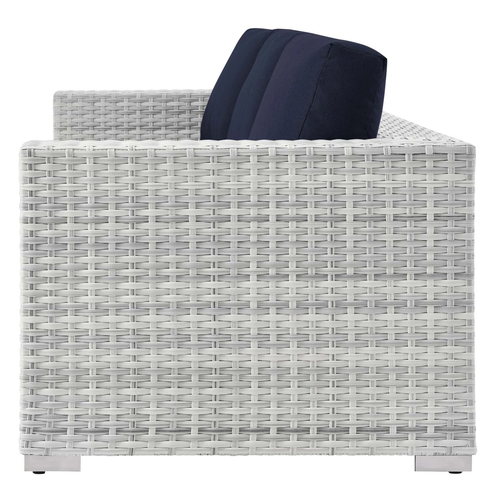 Lounge Sectional Sofa Chair Set, Rattan, Wicker, Light Grey Gray Blue Navy, Outdoor Patio Balcony Cafe Bistro Garden Furniture Hotel Hospitality N6628