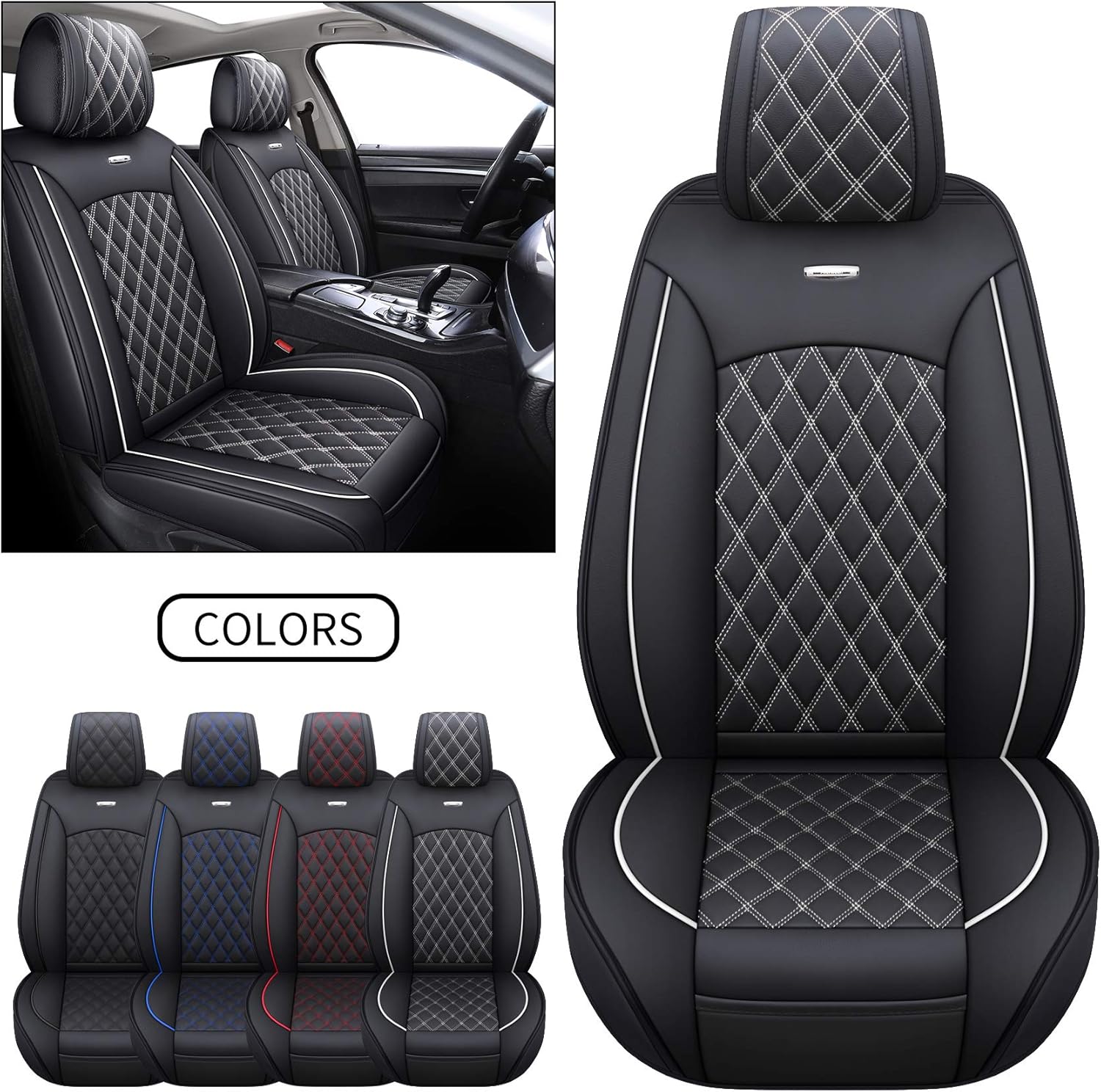 Black-White Waterproof Leather Car Seat Covers Full Set U347