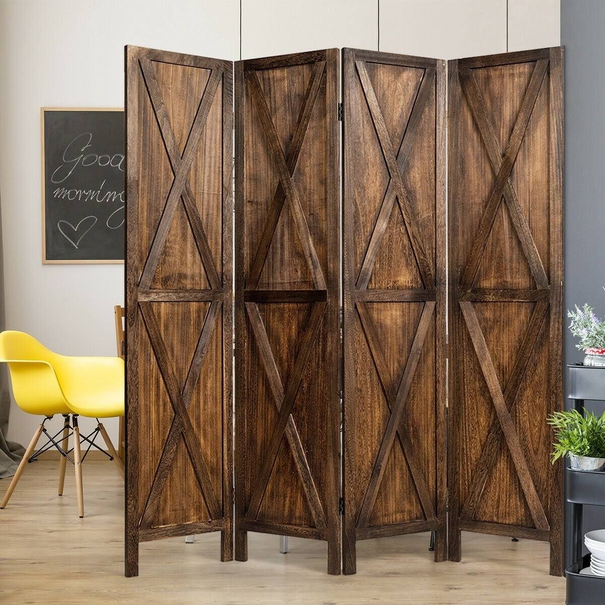 Brown 4 Panels Folding Wooden Room Divider S251