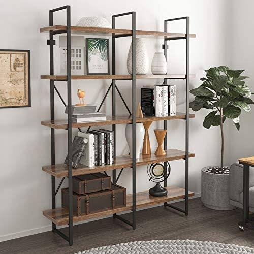 Double Wide 5-Tier Open Bookcase Wood and Metal Shelves A64832