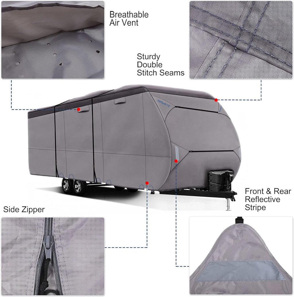 Upgraded Waterproof 500D Travel Trailer RV Cover with 4 Tire Covers, Tongue Jack Cover S59886