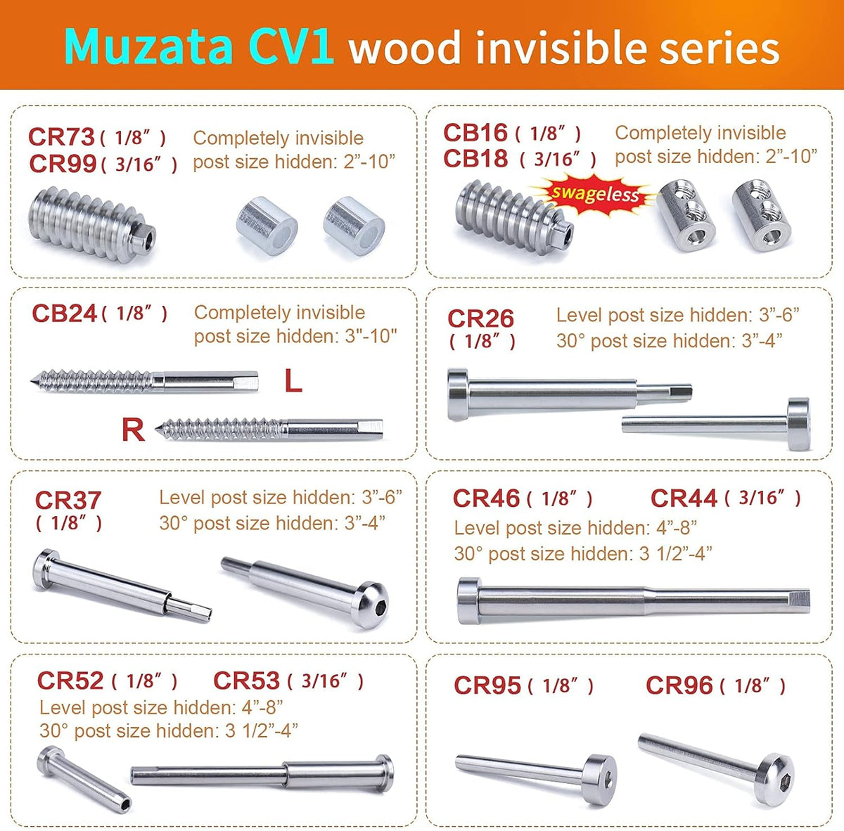 24Pair Invisible Cable Railing Kit 1/8 T316 Stainless Steel N42879