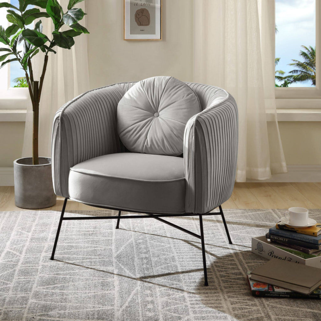 Gray Velvet Barrel Accent Chair with Metal Base U801