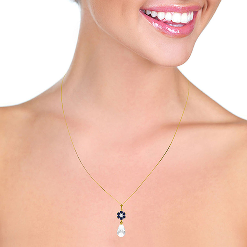 14k Solid Gold White Topaz 18" Necklace with Sapphire Flower G432