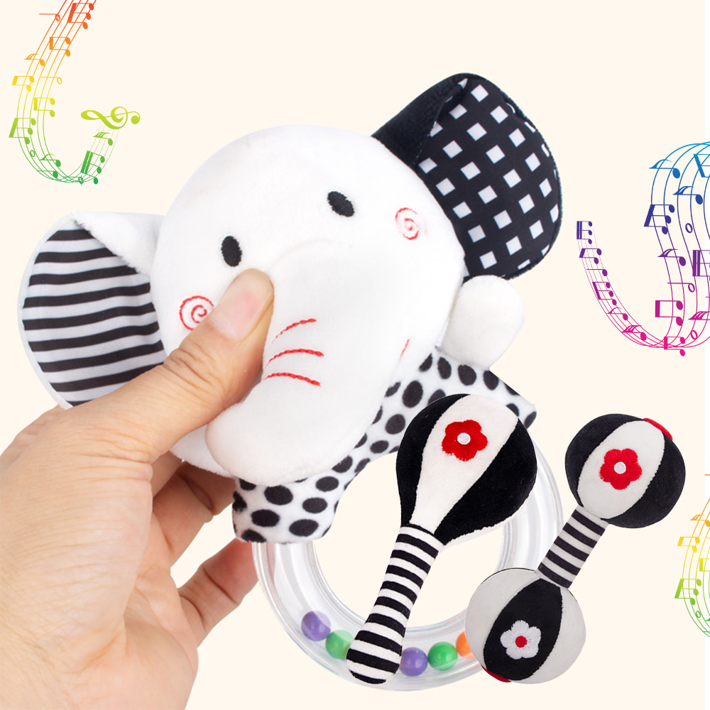 3Pcs Black & White Baby Rattles Set Plush Rattle Toy S4825