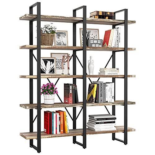 Double Wide 5-Tier Open Bookcase Wood and Metal Shelves A64832