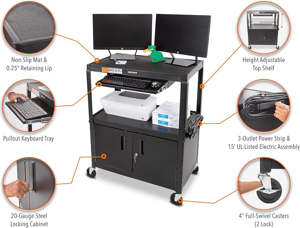 Extra Wide AV Cart with Locking Cabinet and Pullout Keyboard Tray F916