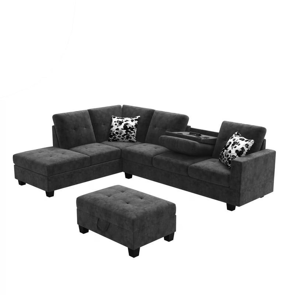 Dark Gray Velvet Reversible Sectional Sofa with Storage Ottoman G691