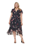 Navy Floral Short Sleeve Surplice Neckline Shift Dress Plus 20W D34523