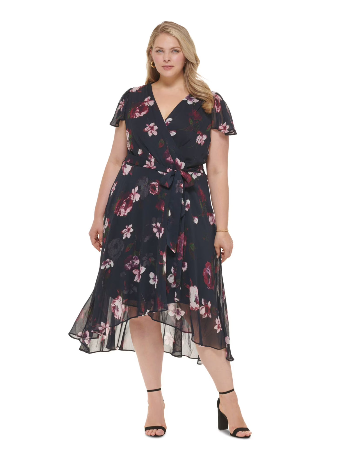 Navy Floral Short Sleeve Surplice Neckline Shift Dress Plus 20W D34523