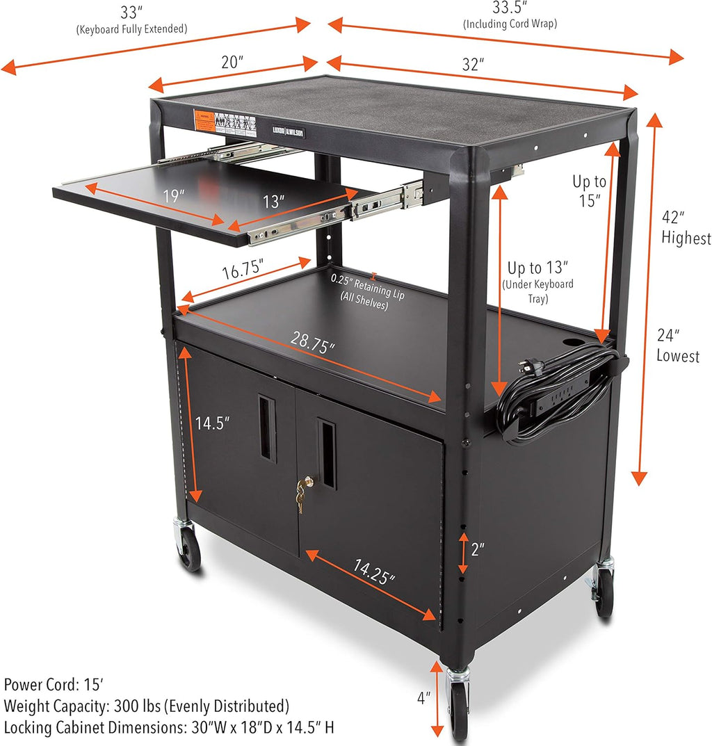 Extra Wide AV Cart with Locking Cabinet and Pullout Keyboard Tray F916