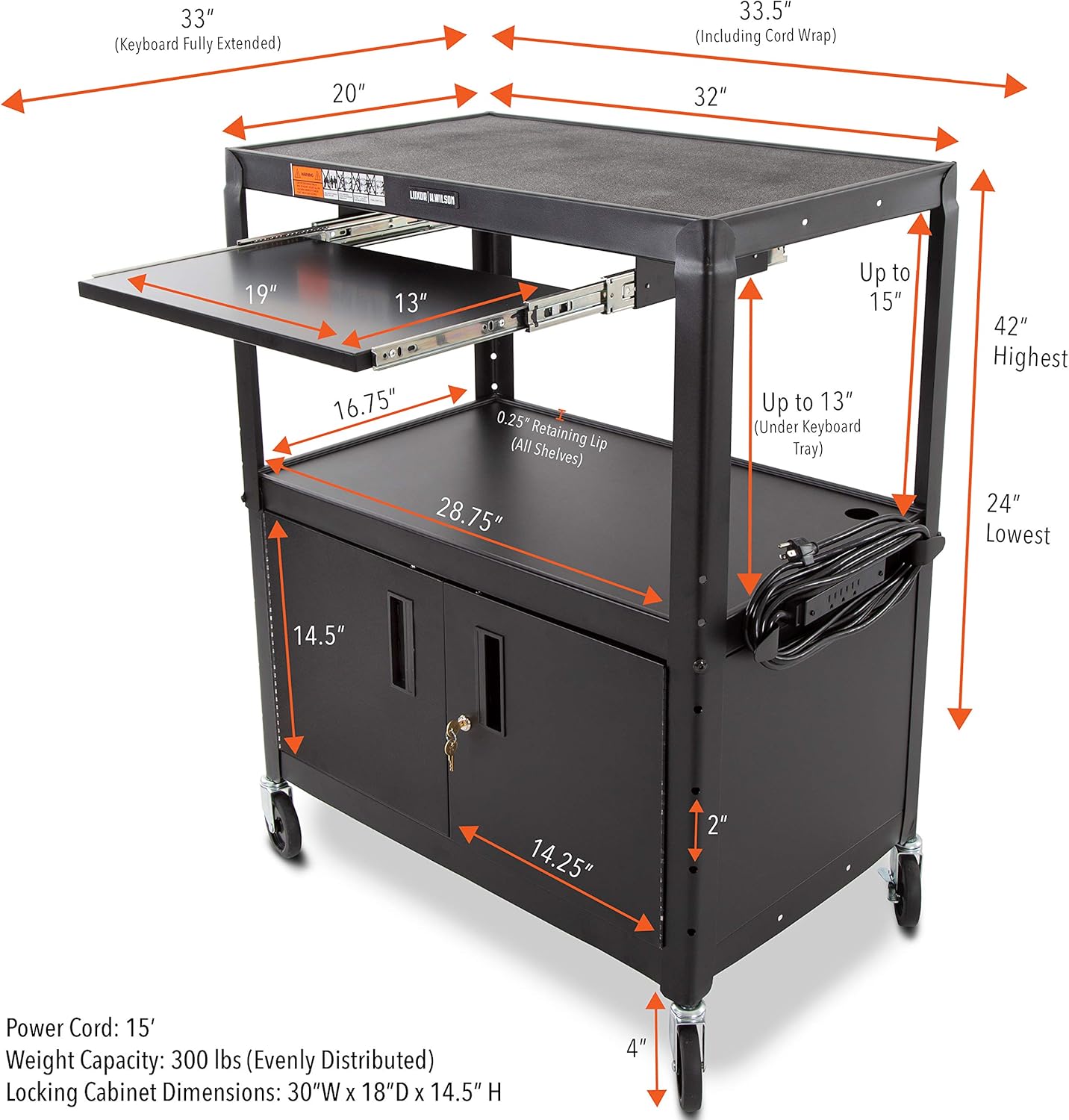 Extra Wide AV Cart with Locking Cabinet and Pullout Keyboard Tray F916