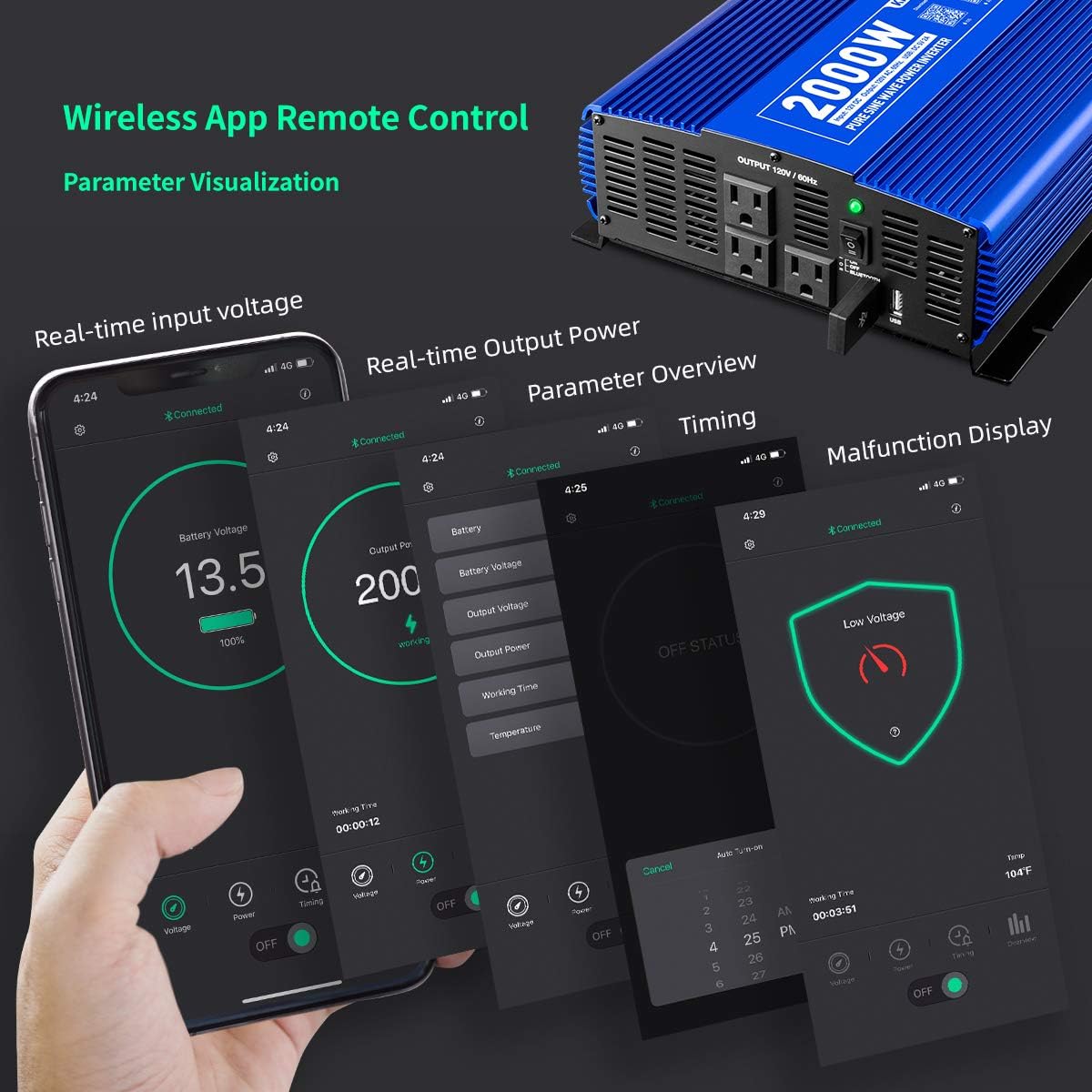 2000W Pure Sine Wave Power Inverter 12V DC to 110V AC with 3 AC Outlets & 1 USB Port E22456