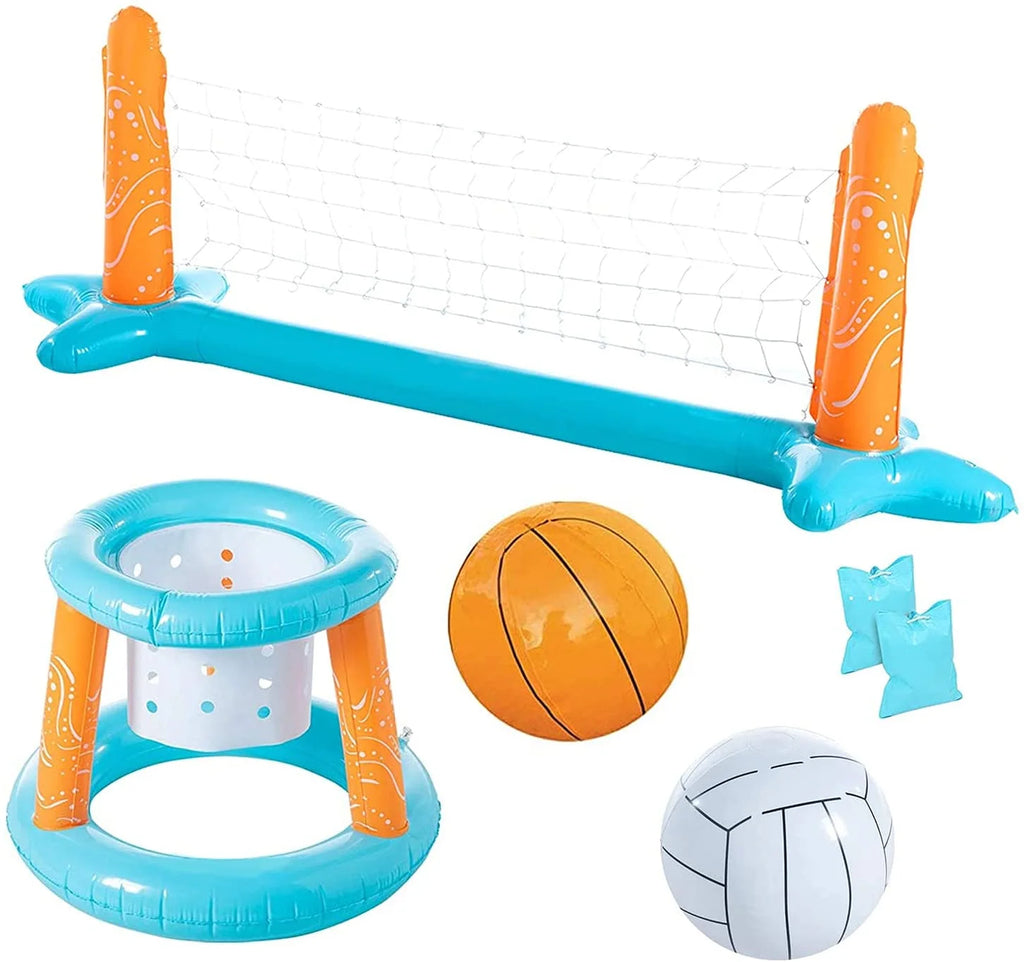 Light Blue Inflatable Pool Volleyball Set and Pool Basketball Hoops Balls N988207