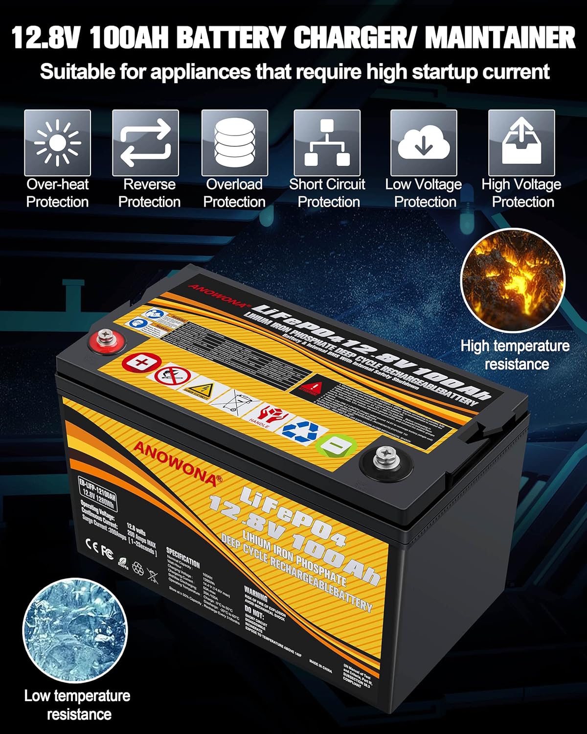 12.8V 100Ah LiFePO4 Deep Cycle Battery with 100A BMS I921