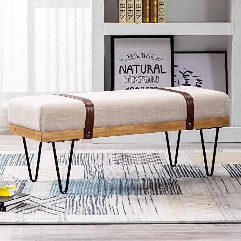 Grey Chenille Rectangle Ottoman Bench with Arms and Metal Legs M594693