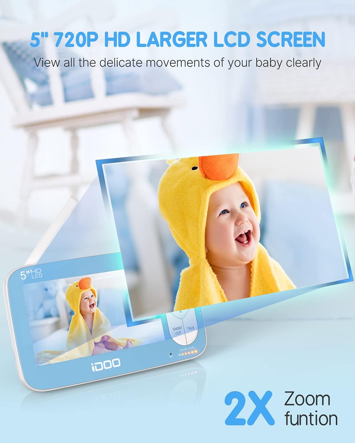 720P 5 HD Color Display Video Baby Monitor with Camera and Audio W649072