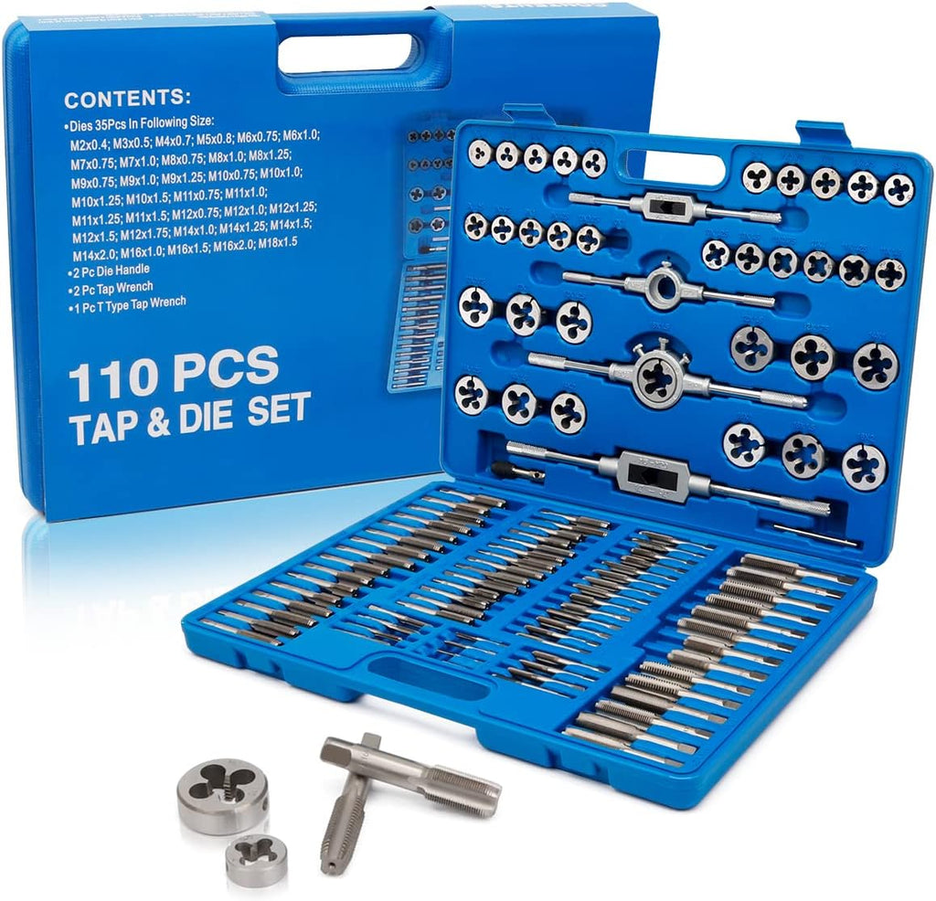 110 Piece Hardened Alloy Steel Metric Tap And Die Threading Tool Set with Storage Case U481523