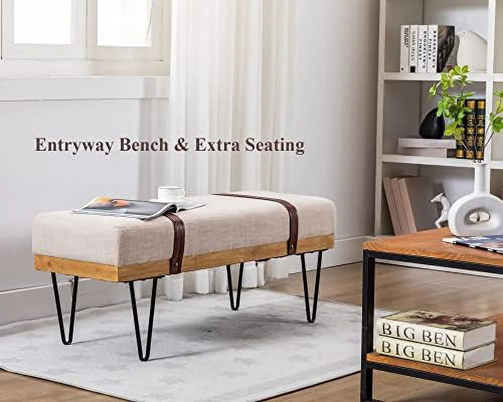 Grey Chenille Rectangle Ottoman Bench with Arms and Metal Legs M594693