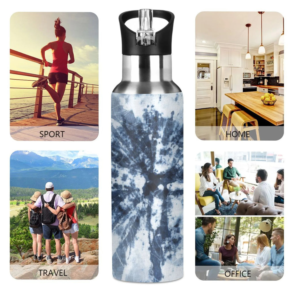 Tie-dye Blue Stainless Steel Insulated Water Bottle with Straw Lid H2723