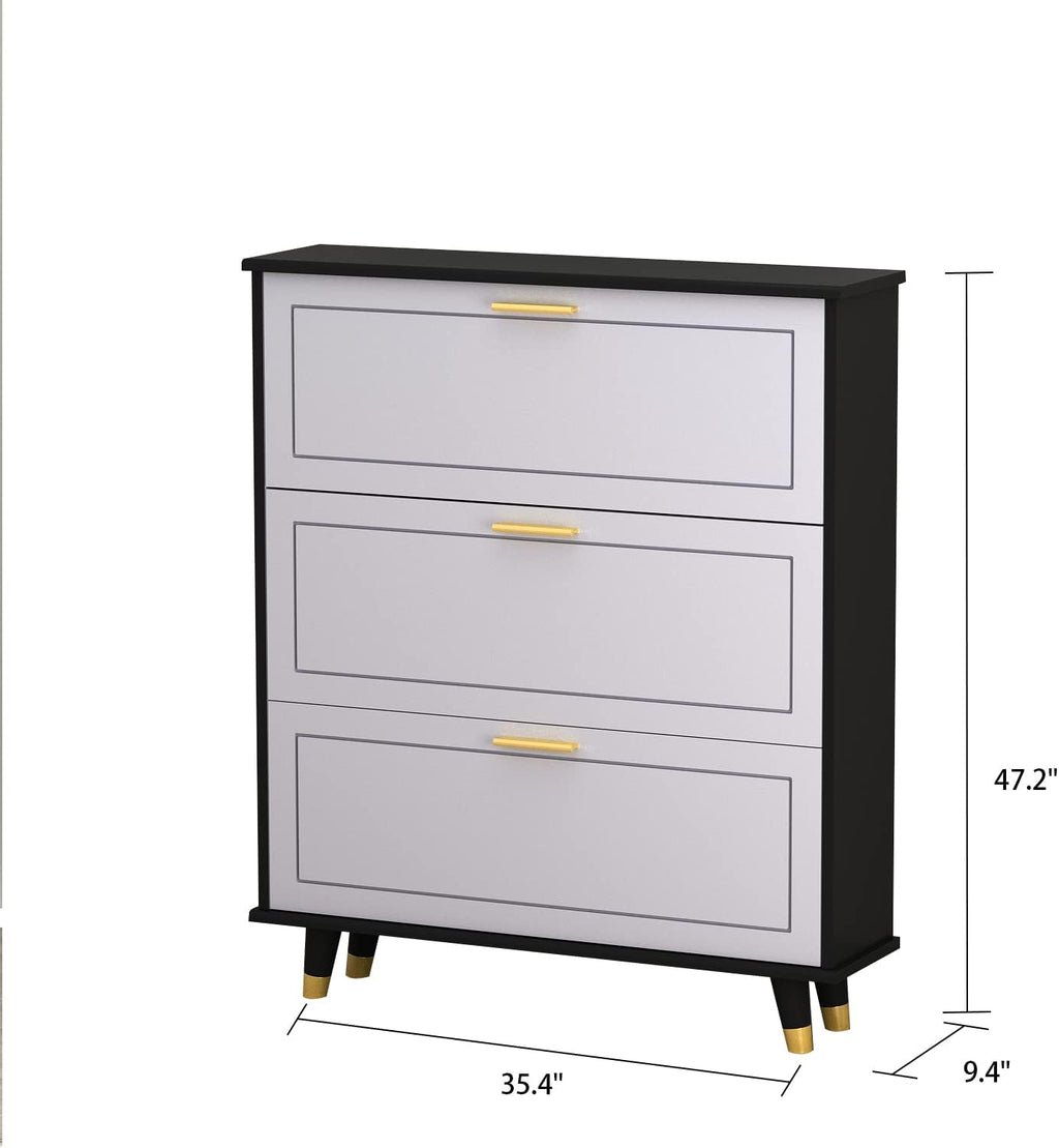 Black and White 3 Drawer Wood Shoe Storage Cabinet I96611