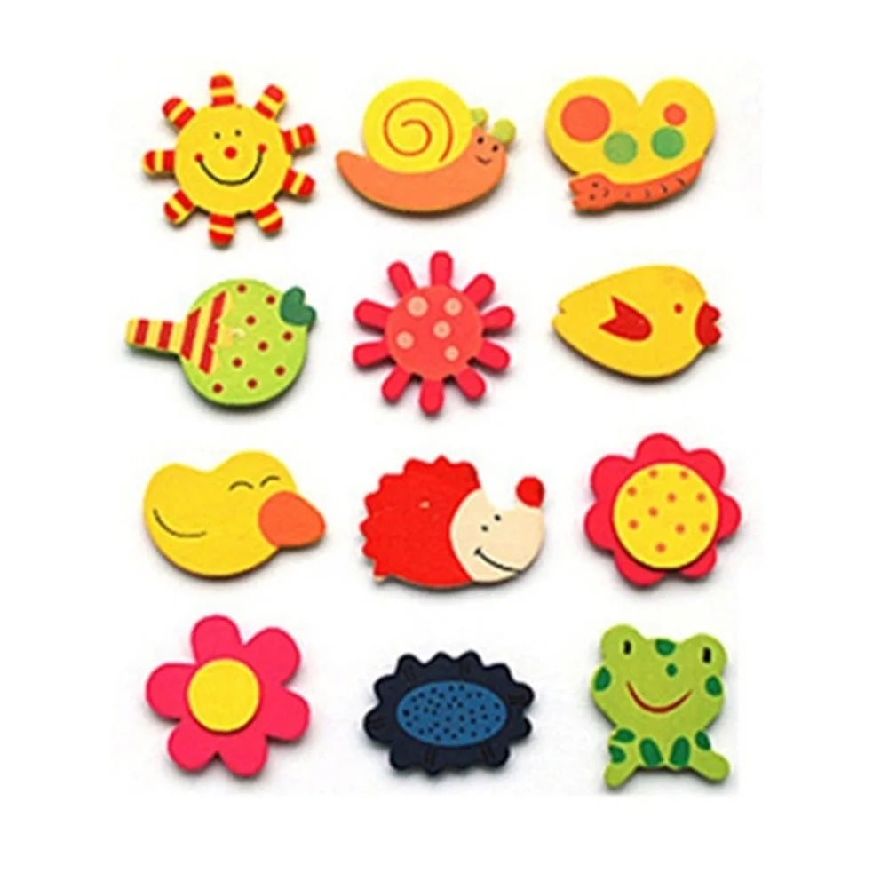 12Pcs/Set Wooden Cartoon Fridge Magnet Educational Toys S3197