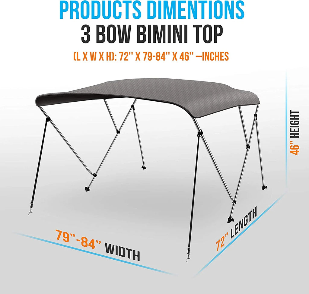 3 Bow Bimini Top with 2 Straps and 2 Rear Support Poles in Gray U42436