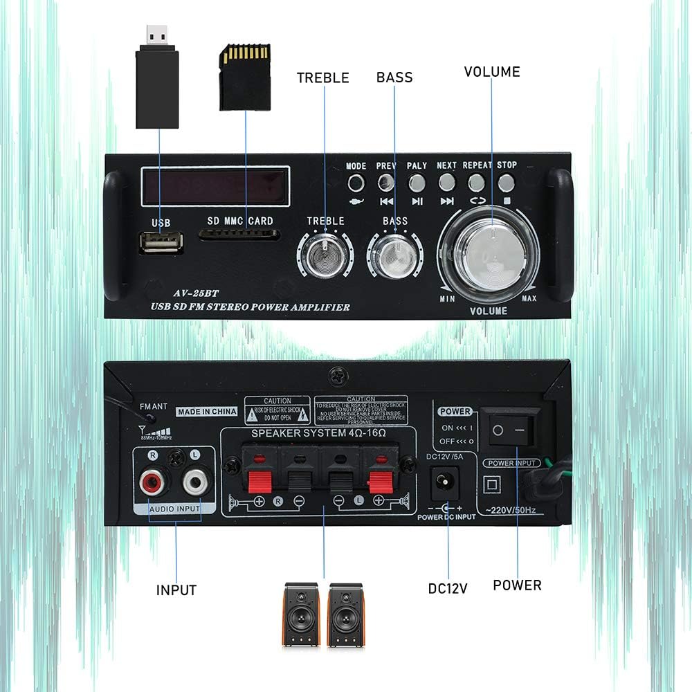 Wireless Bluetooth 5.0 Stereo Amplifier System, 200W Dual Channel Audio Receiver with Remote Control, Pack of 2 J176