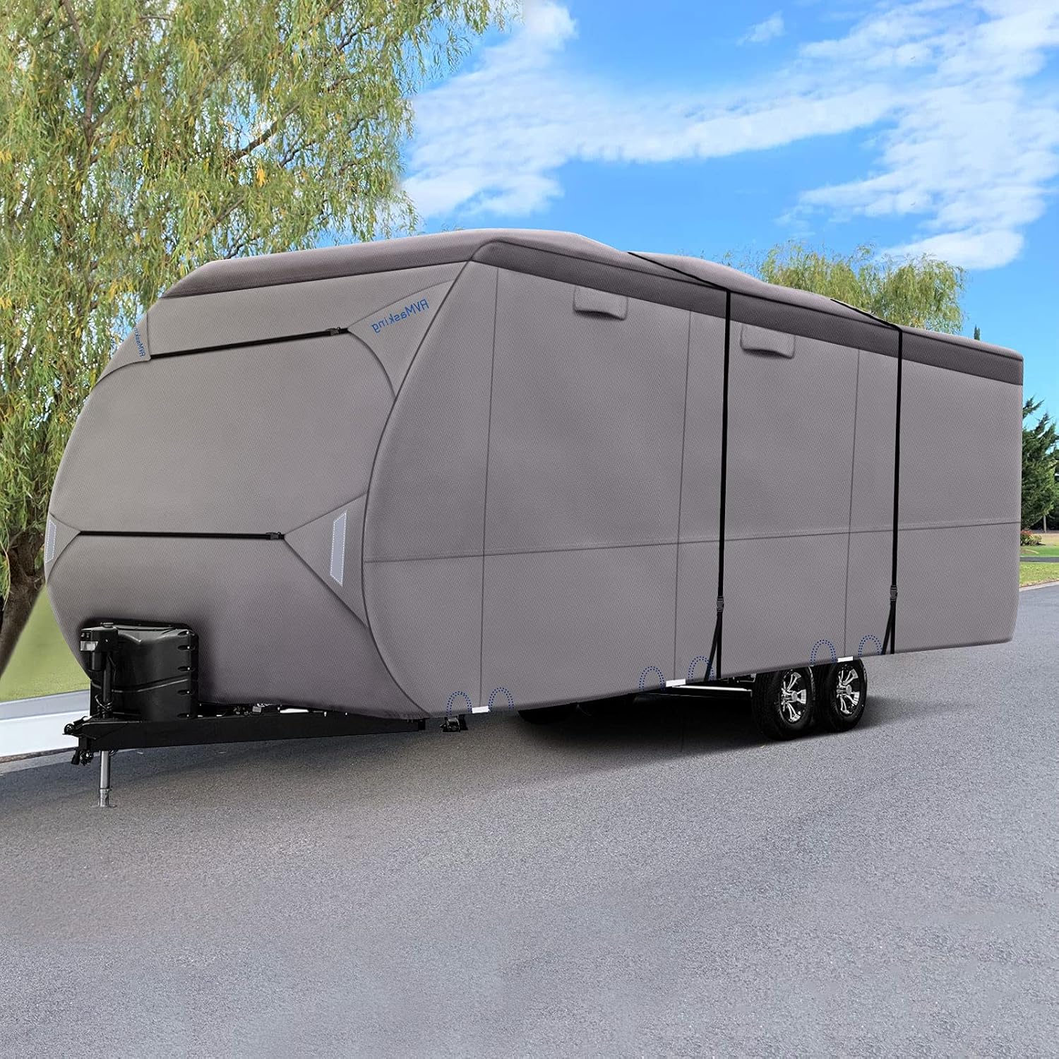 Upgraded Waterproof 500D Travel Trailer RV Cover with 4 Tire Covers, Tongue Jack Cover S59886