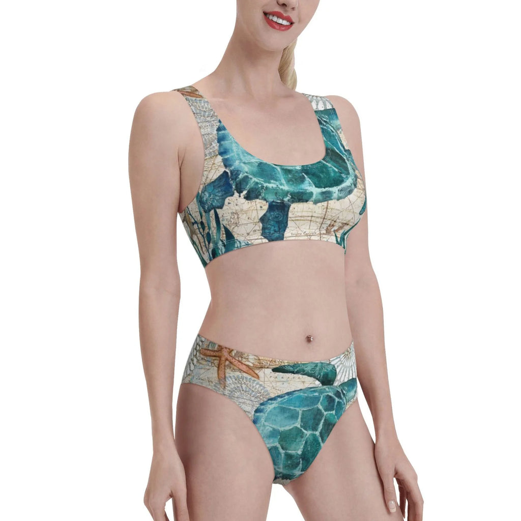 Watercolor Sea Turtle High Waisted Bikini Sets Two Pieces Swimsuits With Removable Soft Chest Pad N499