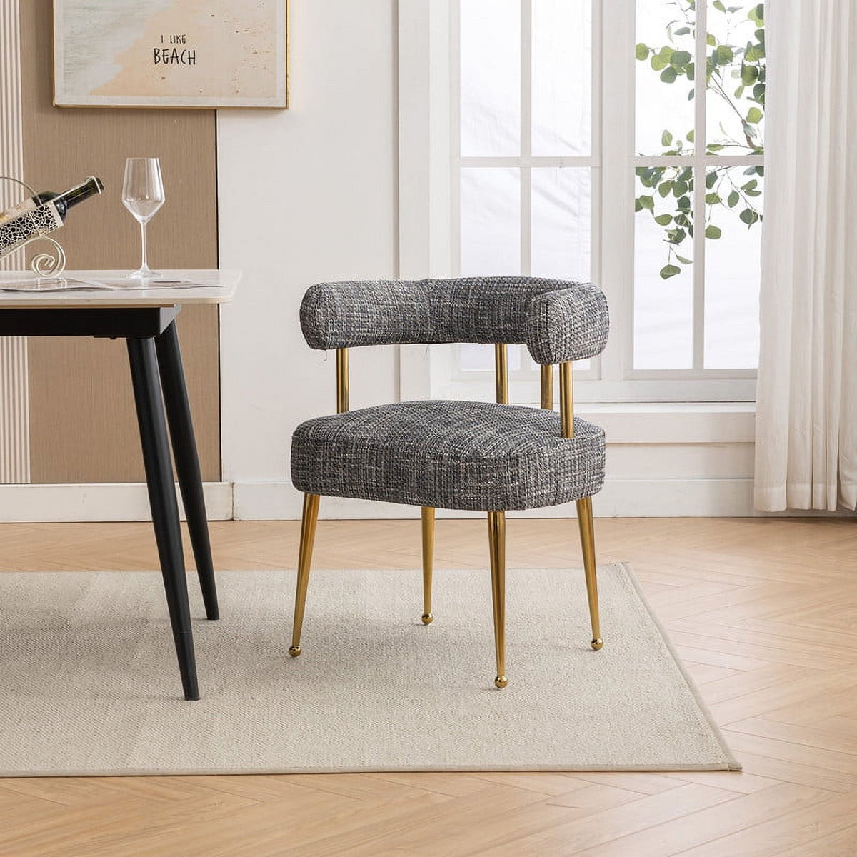 Mid-Century Modern Linen Fabric Dining Chair with Gold Legs X777281