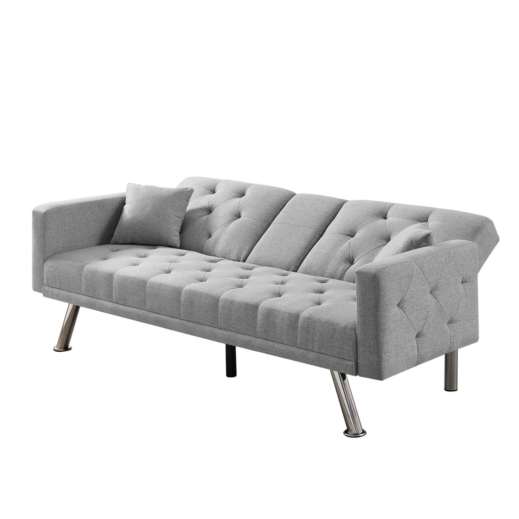 76 Inch Linen Convertible Futon Sofa Bed with Cup Holders Grey N319