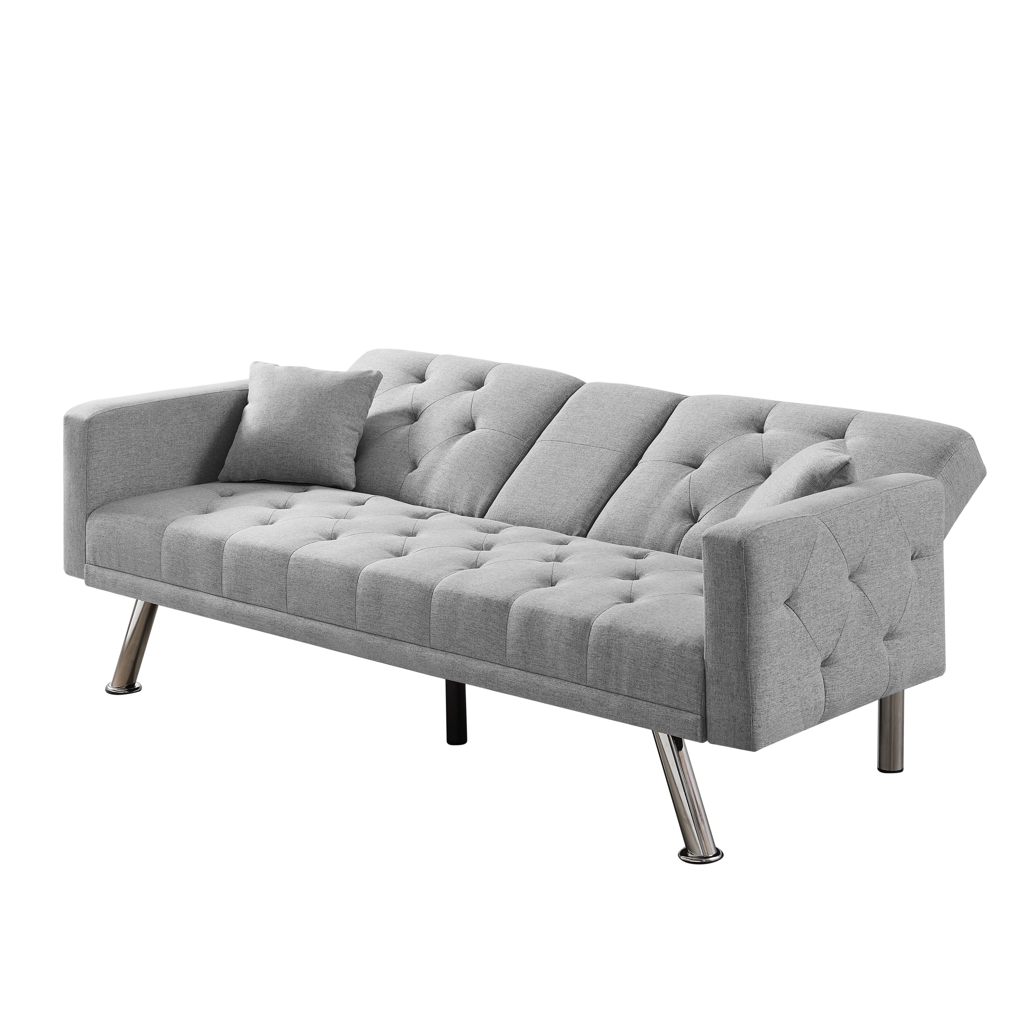 76 Inch Linen Convertible Futon Sofa Bed with Cup Holders Grey N319